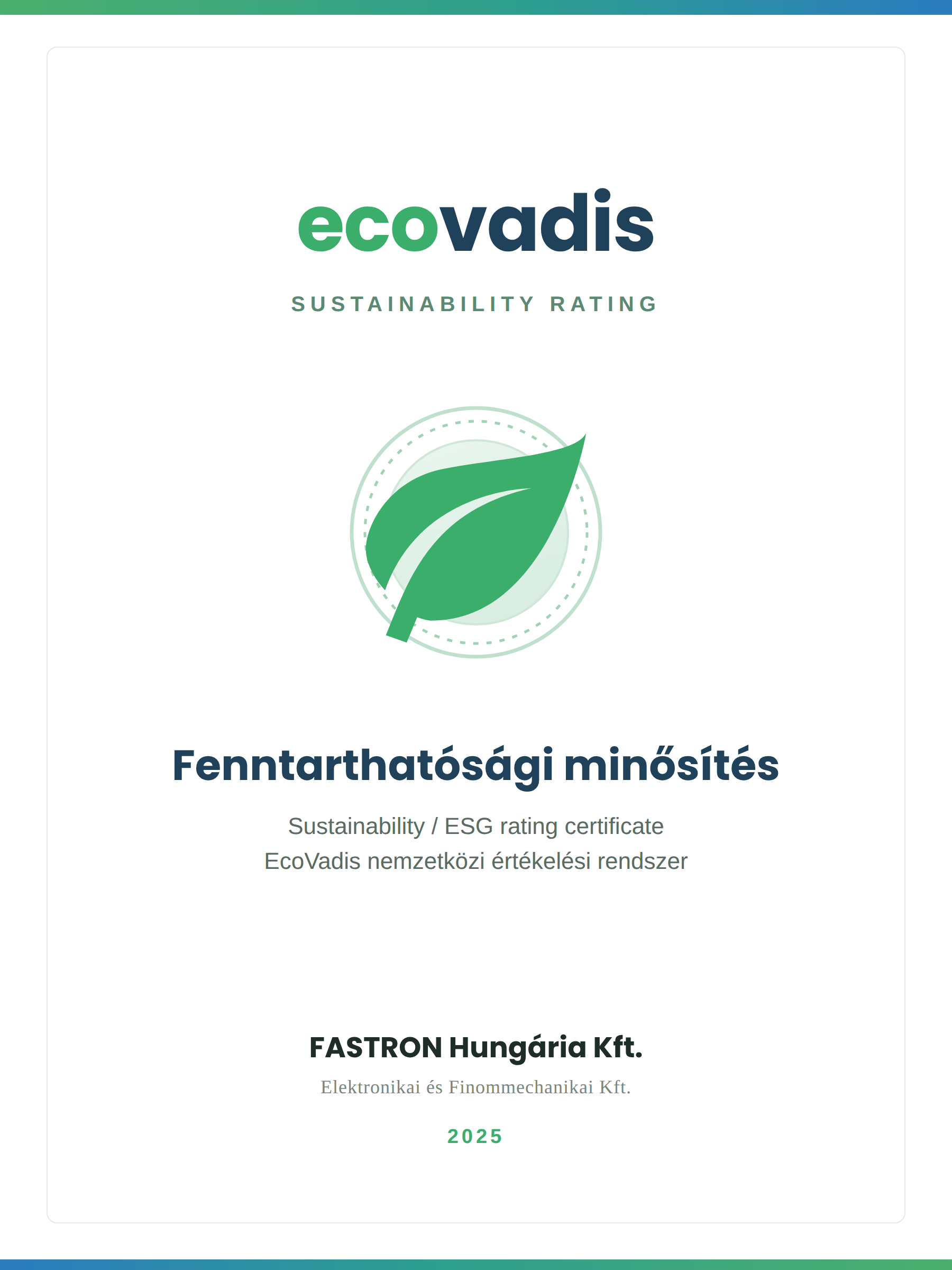 EcoVadis fenntarthatósági tanúsítvány