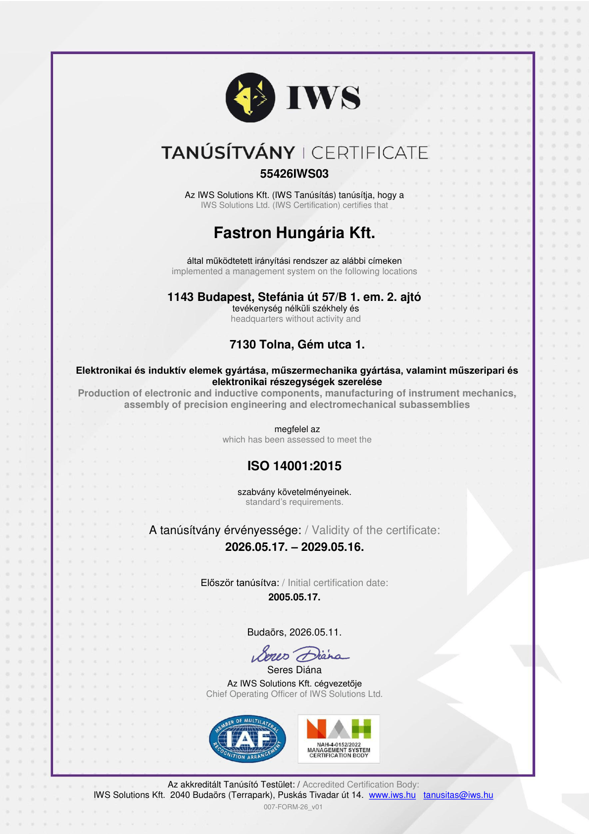 ISO 14001:2015 tanúsítvány