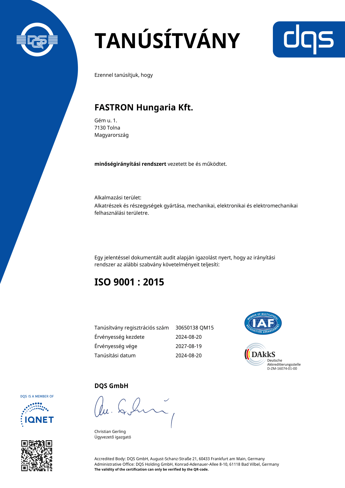 ISO 9001:2015 tanúsítvány